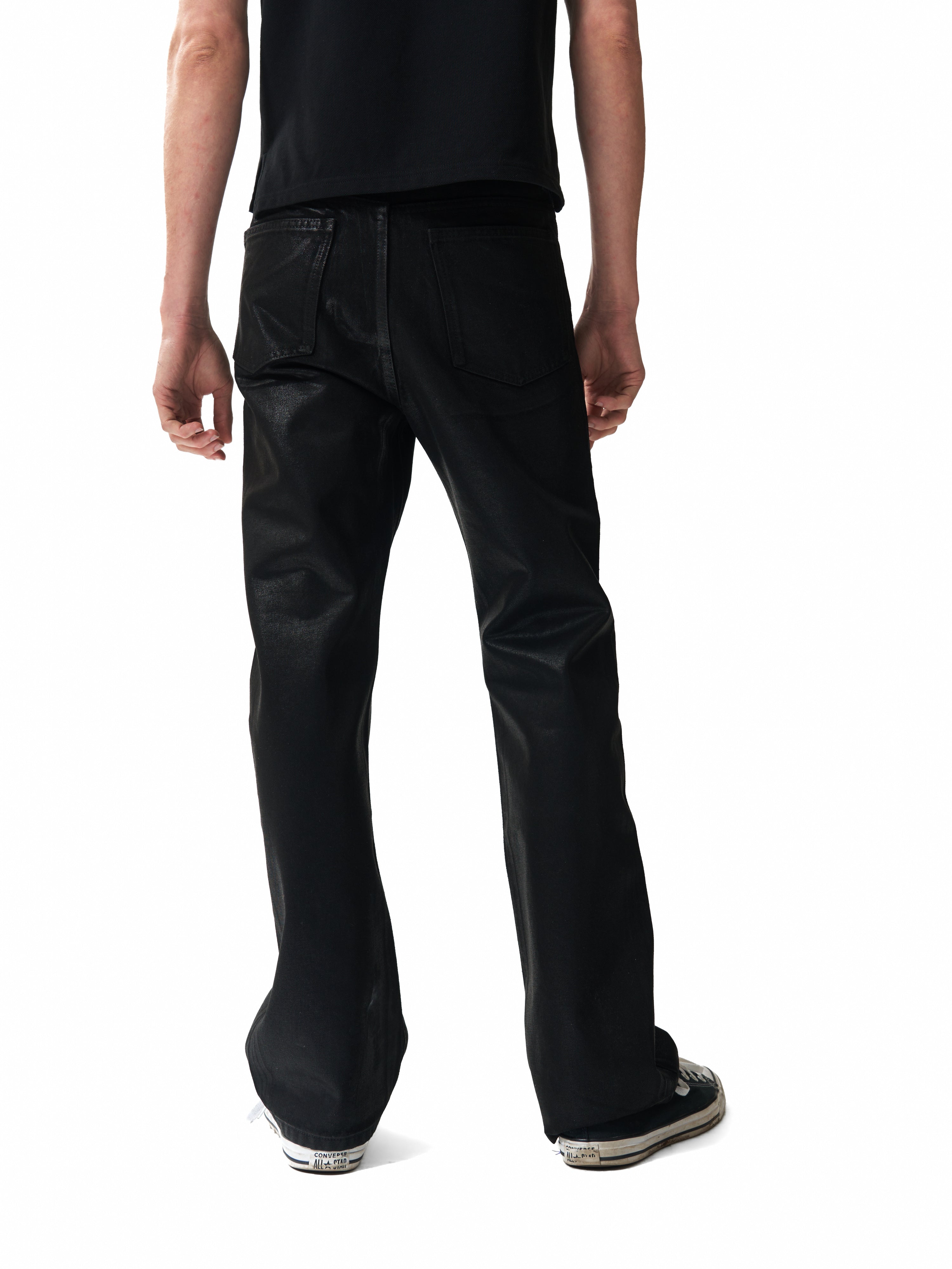 NUMBASIA Wax-Coated 13oz Slim Flared Jeans — studio model view 2