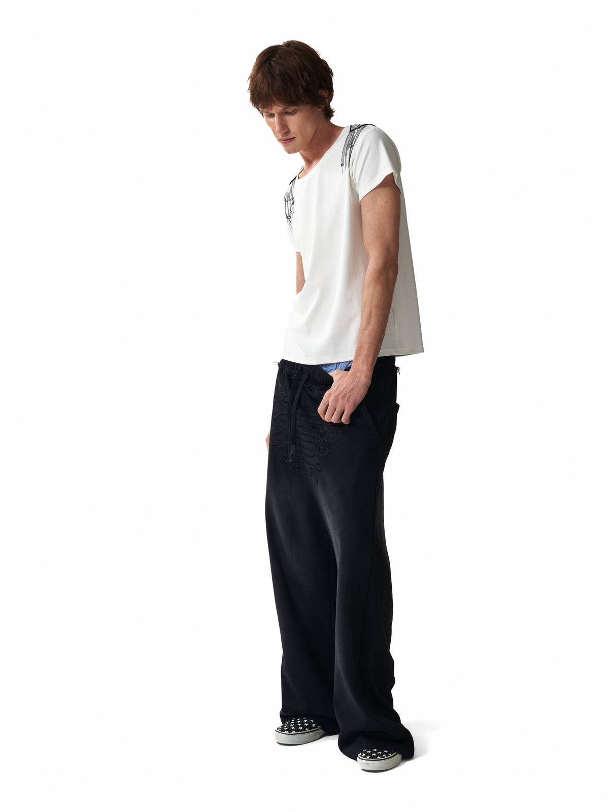 NUMBASIA Chain and Cross Graphic Scoop-Neck T-Shirt — studio model view 5