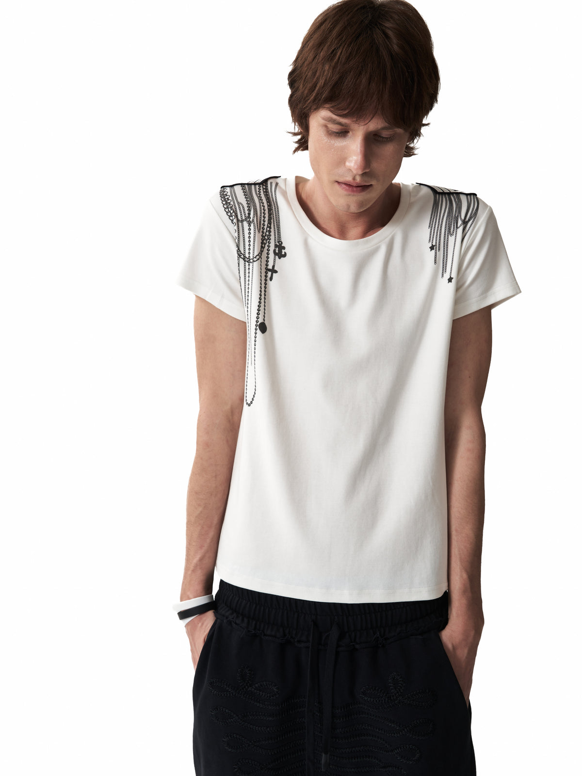 NUMBASIA Chain and Cross Graphic Scoop-Neck T-Shirt — studio model view 3