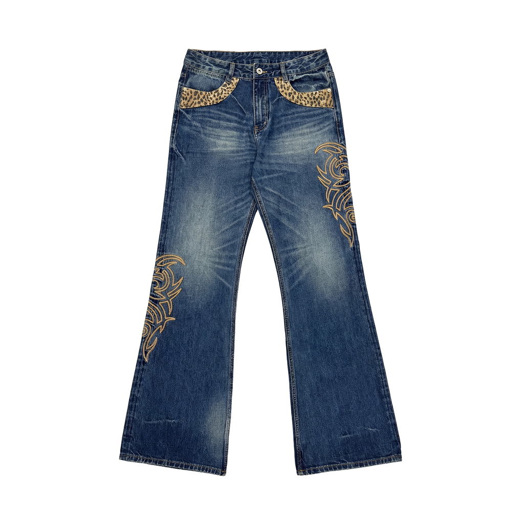 NUMBASIA Leopard Panel Embroidered Flared Jeans — NA6131