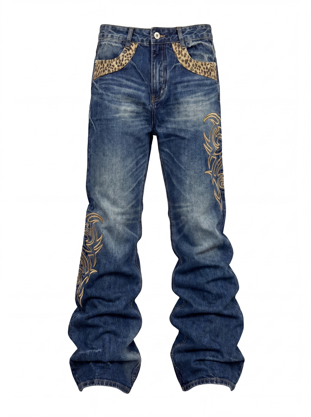 NUMBASIA Leopard Panel Embroidered Flared Jeans — NA6131