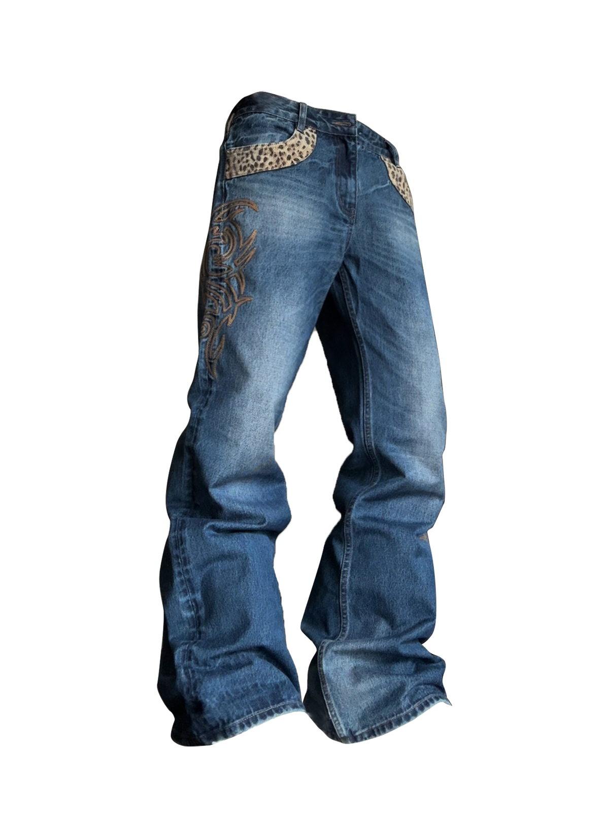 NUMBASIA Leopard Panel Embroidered Flared Jeans — NA6131