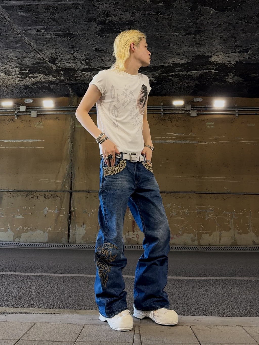 NUMBASIA Leopard Panel Embroidered Flared Jeans — NA6131