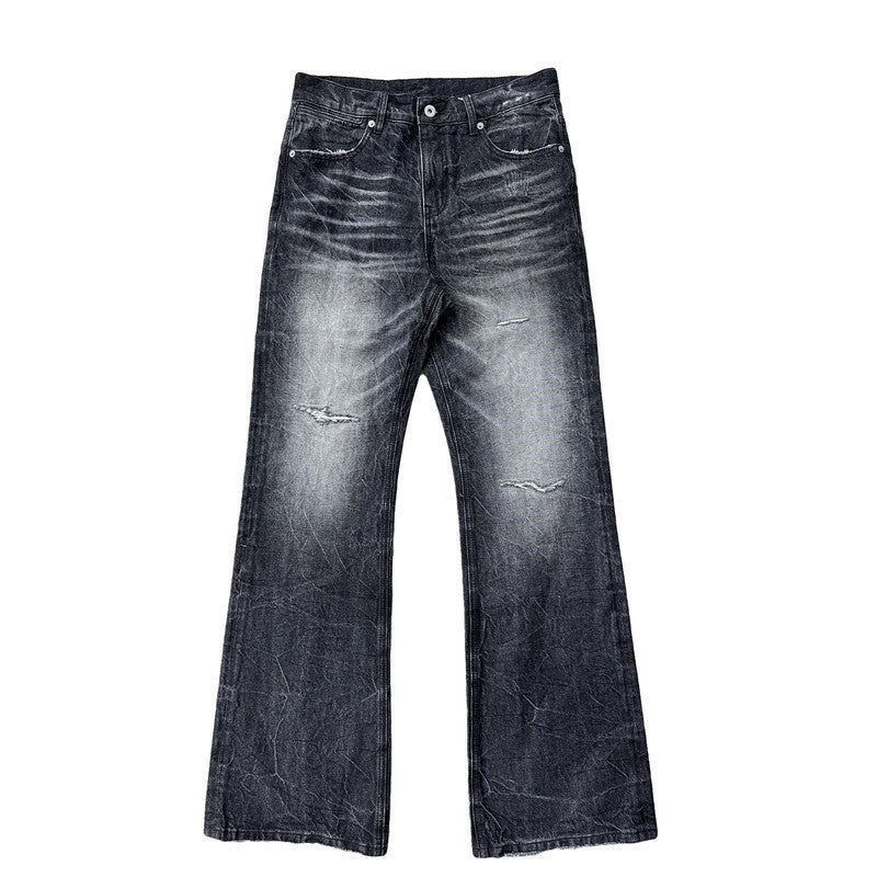 NUMBASIA Distressed Ripple-Wash 13oz Flared Jeans — NA6135