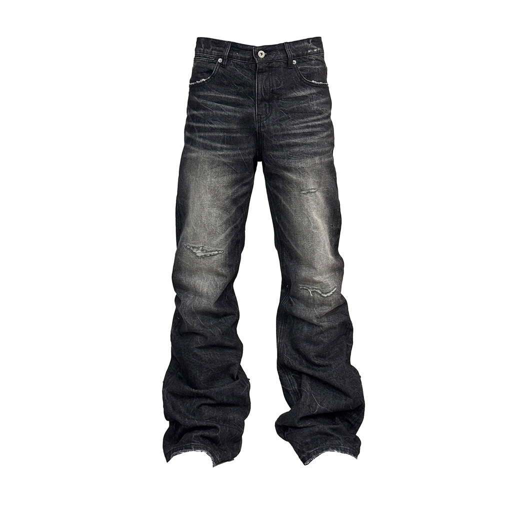 NUMBASIA Distressed Ripple-Wash 13oz Flared Jeans — NA6135