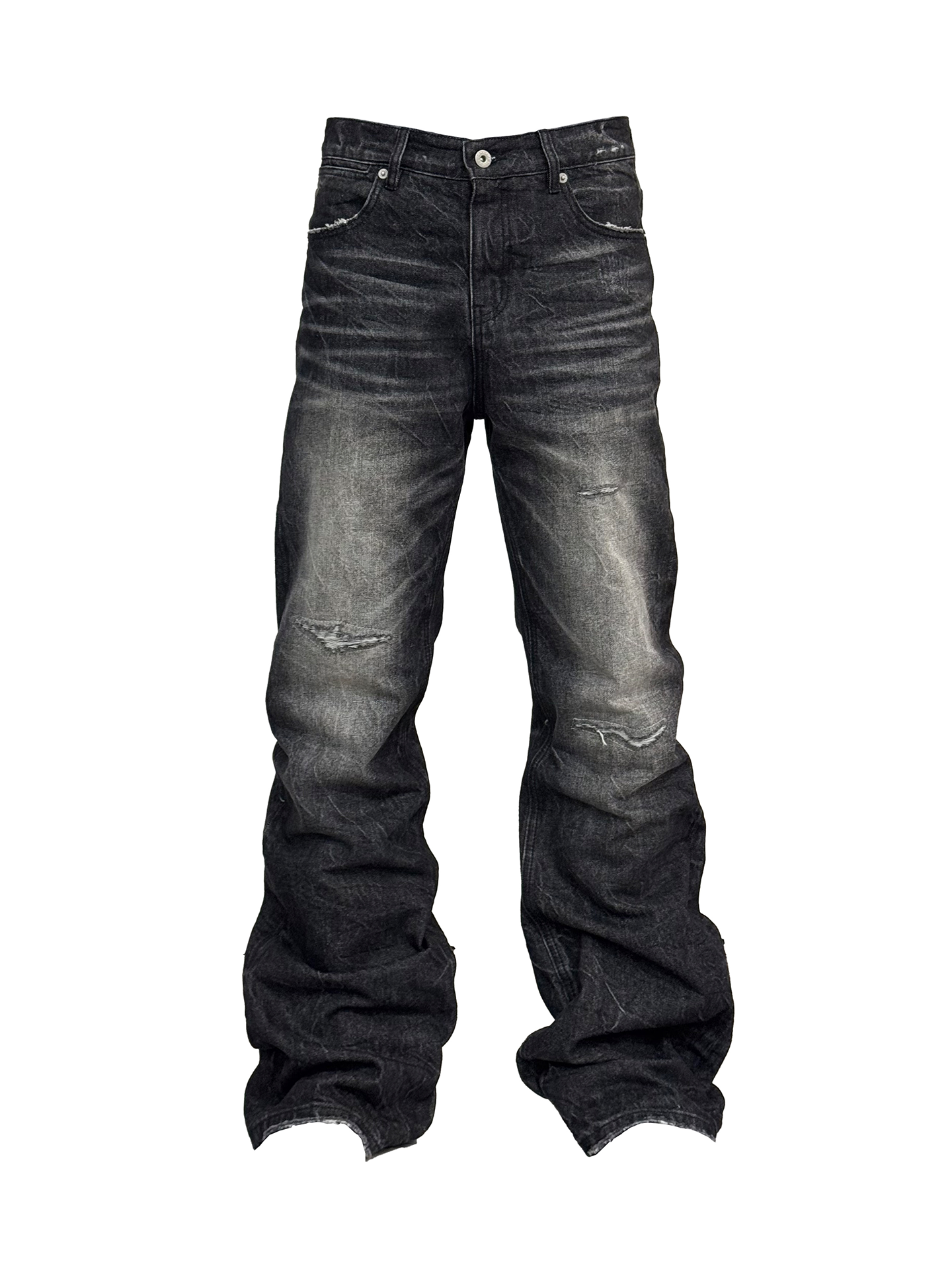 NUMBASIA Distressed Ripple-Wash 13oz Flared Jeans — NA6135