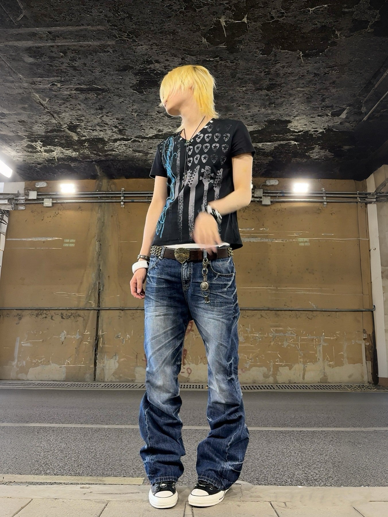 NUMBASIA Scratched Wash Creased Flared Jeans — NA6136