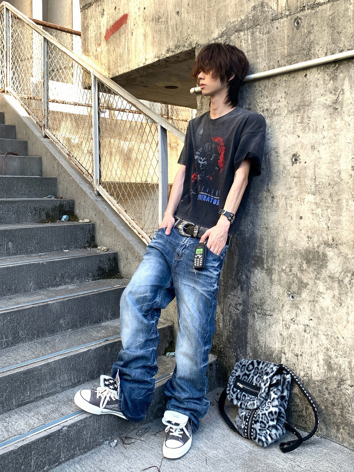 NUMBASIA Scratched Wash Creased Flared Jeans — NA6136