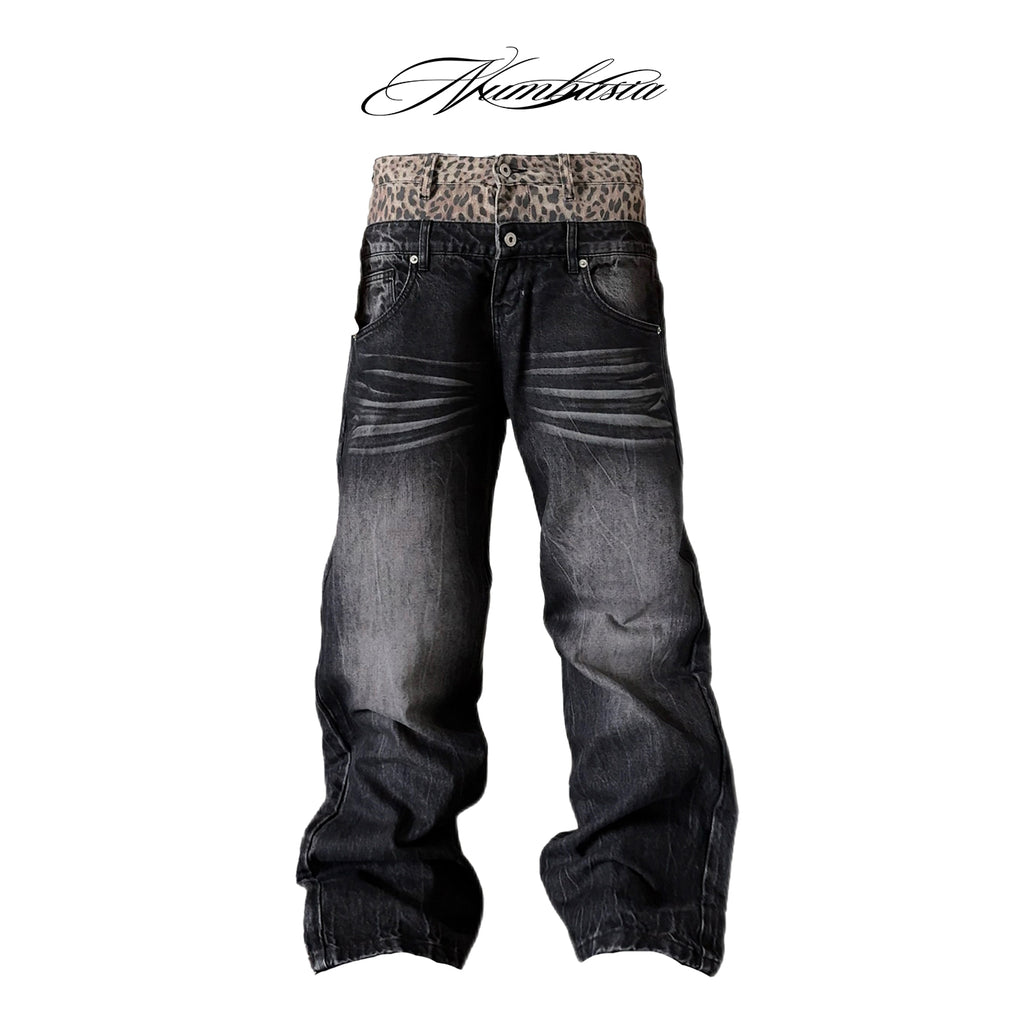 NUMBASIA Leopard Double-Waist Washed 13oz Baggy Jeans — white-background product view