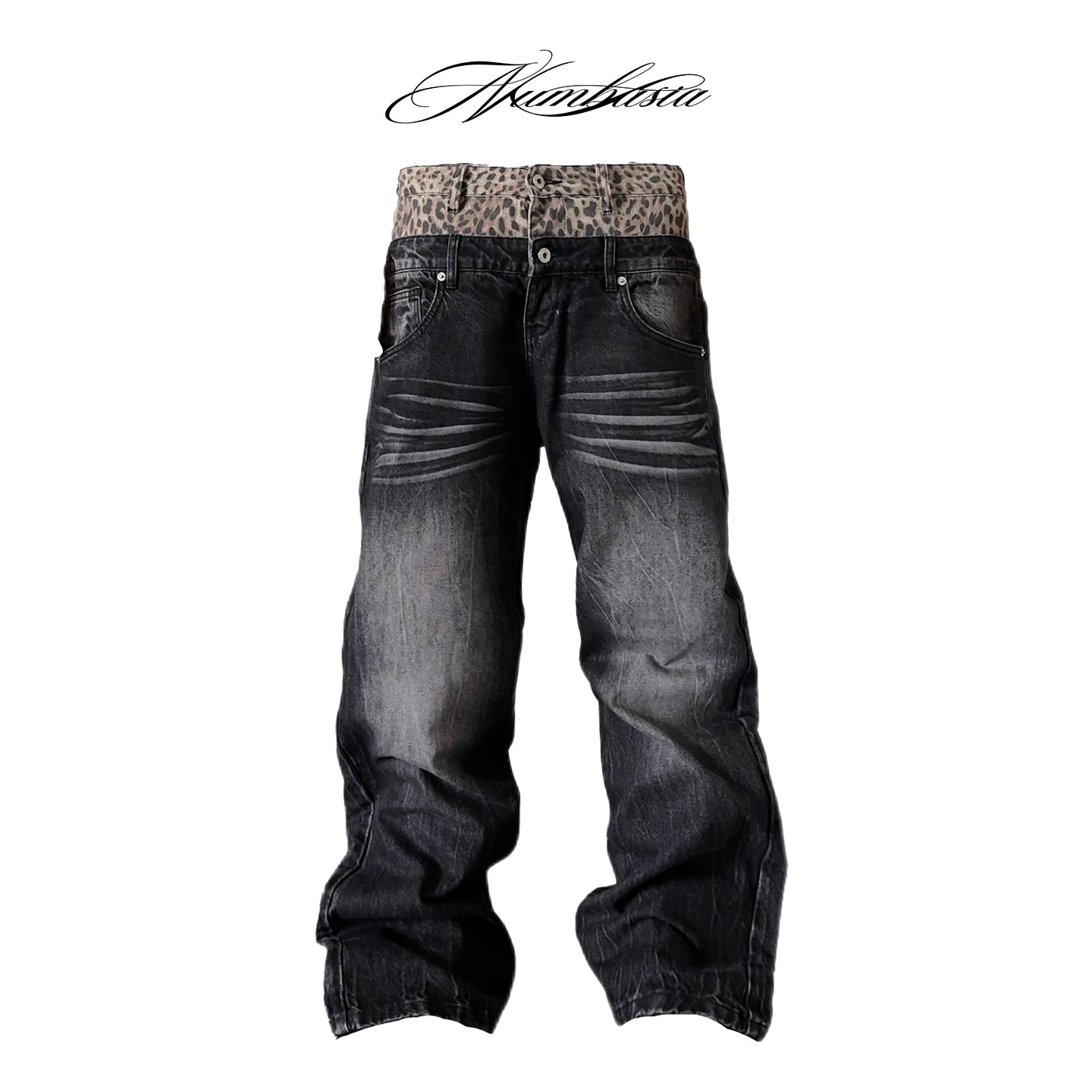 NUMBASIA Leopard Double-Waist Washed 13oz Baggy Jeans — white-background product view