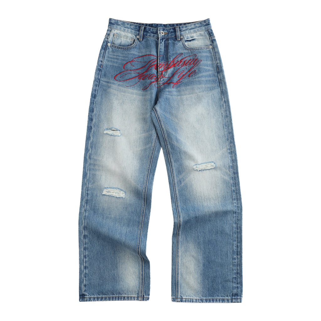 NUMBASIA PARTY LIFE Embroidered Distressed 13oz Baggy Jeans — NA6147 front