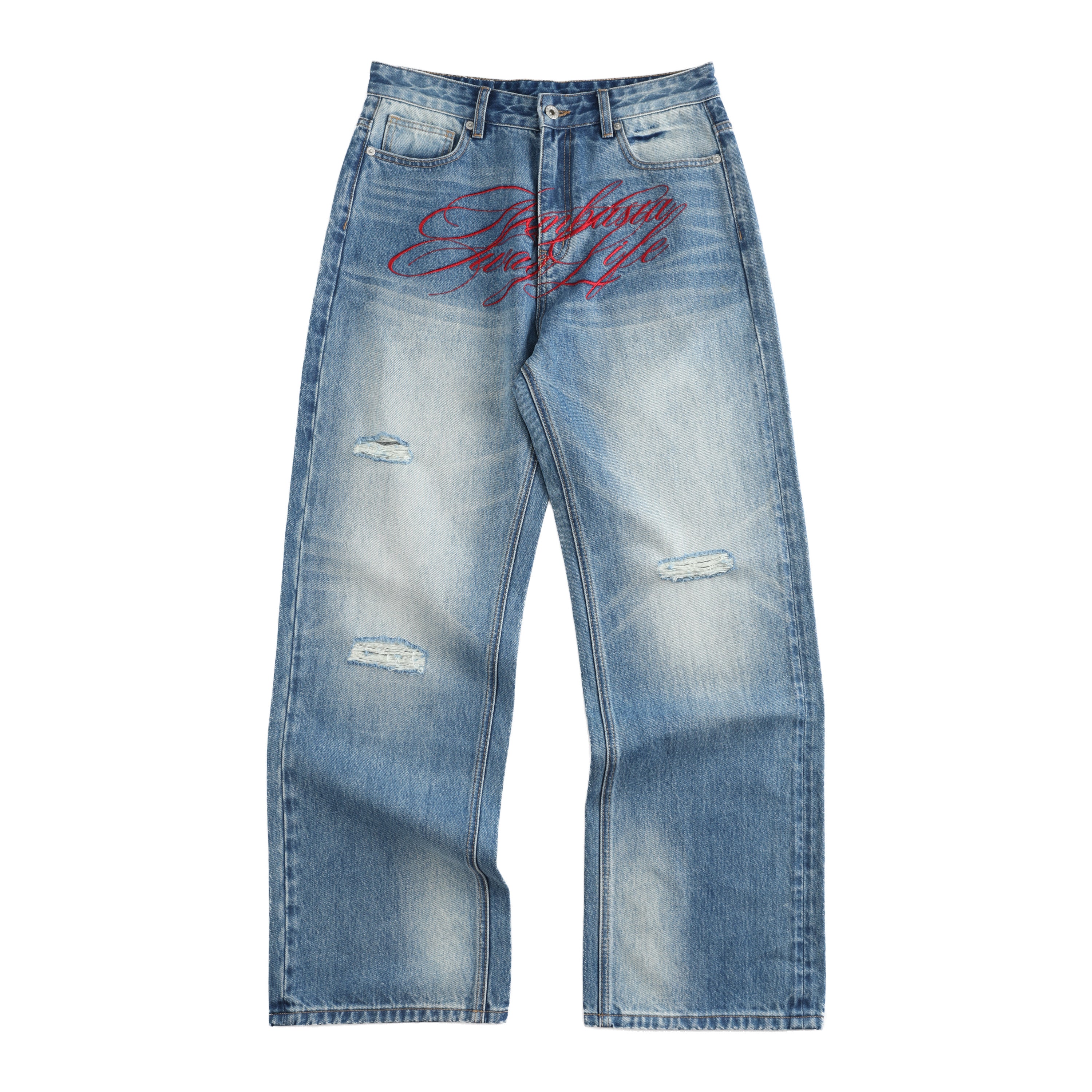 NUMBASIA PARTY LIFE Embroidered Distressed 13oz Baggy Jeans — NA6147 front