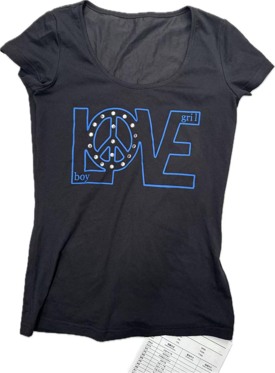 NUMBASIA LOVE Peace Rhinestone Fitted T-Shirt — white-background product view