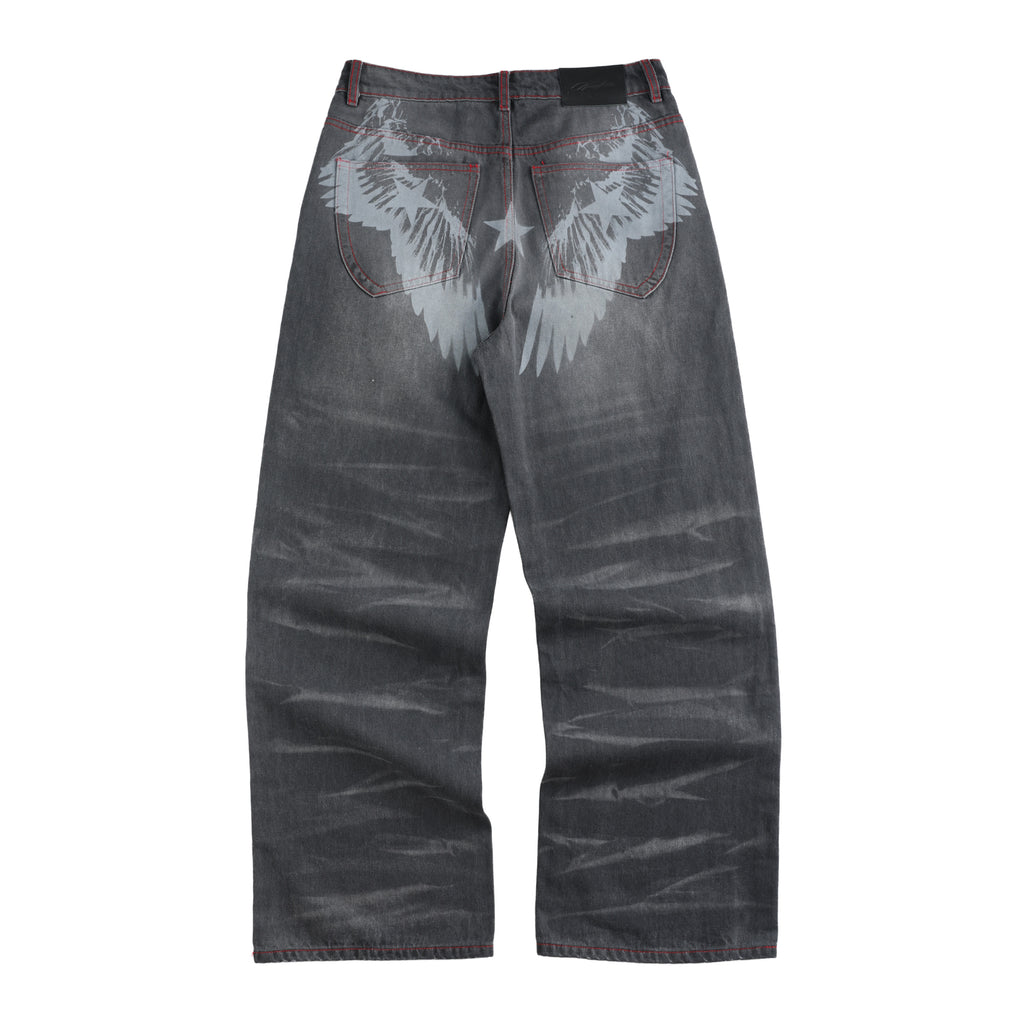NUMBASIA Wing and Star Print Contrast-Stitch Baggy Jeans — NA6169 back