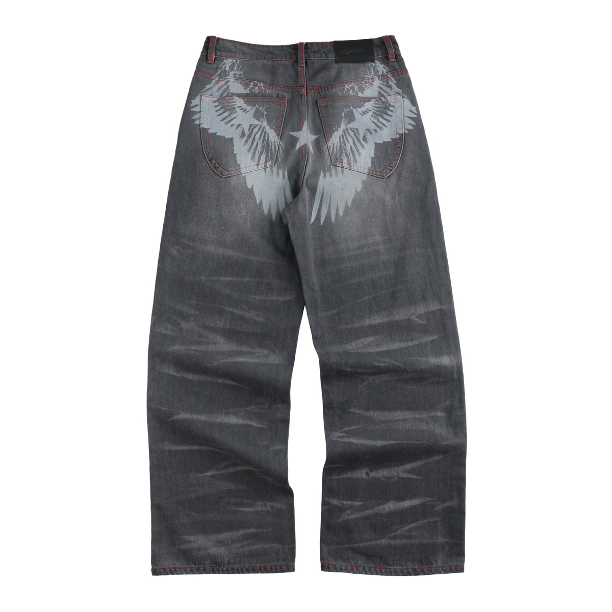 NUMBASIA Wing and Star Print Contrast-Stitch Baggy Jeans — NA6169 back