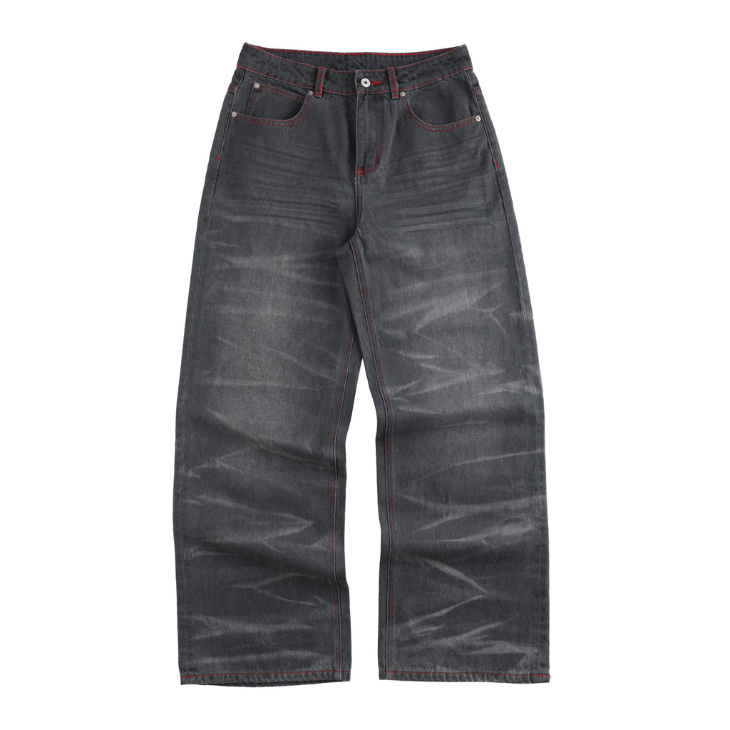 NUMBASIA Wing and Star Print Contrast-Stitch Baggy Jeans — white-background product view