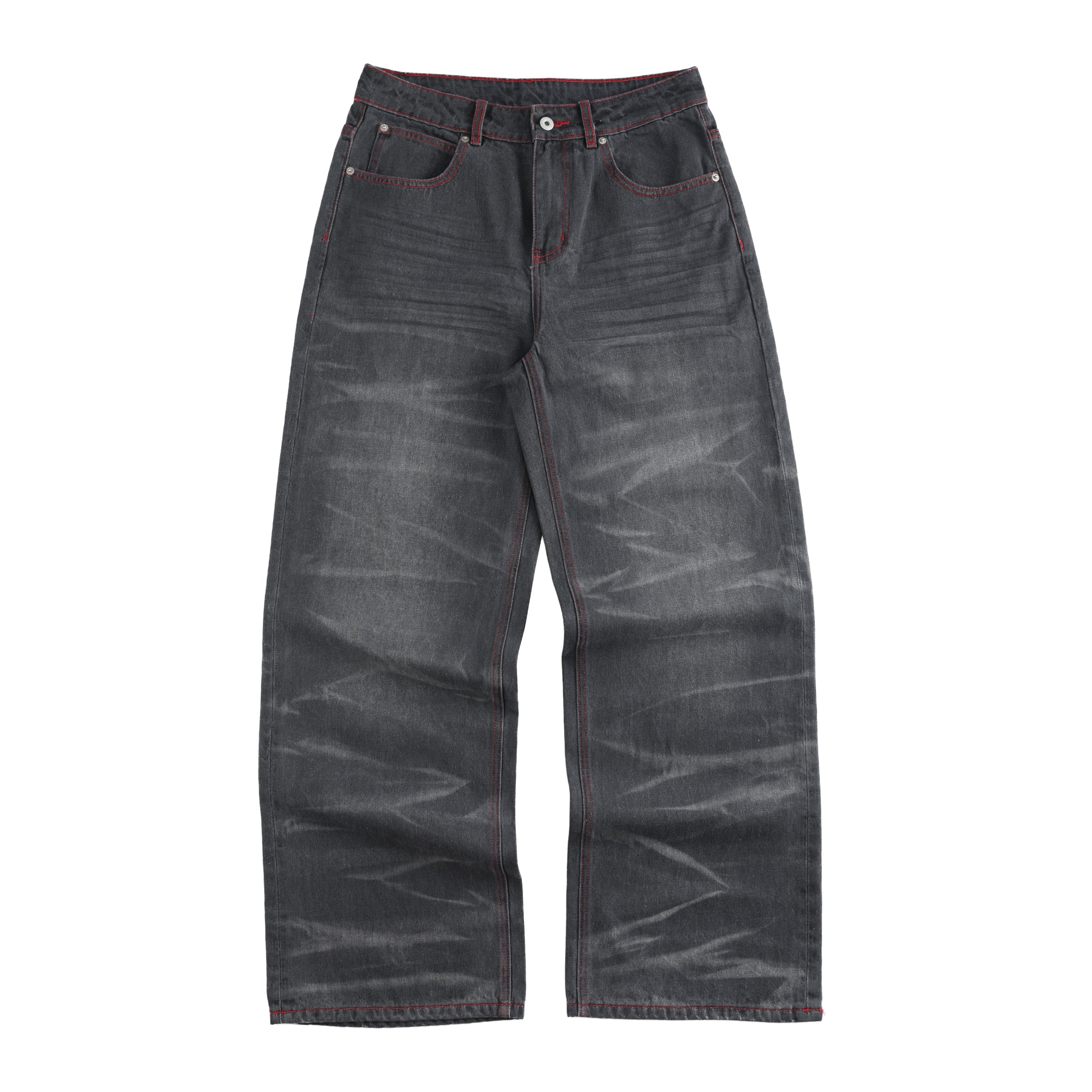 NUMBASIA Wing and Star Print Contrast-Stitch Baggy Jeans — white-background product view