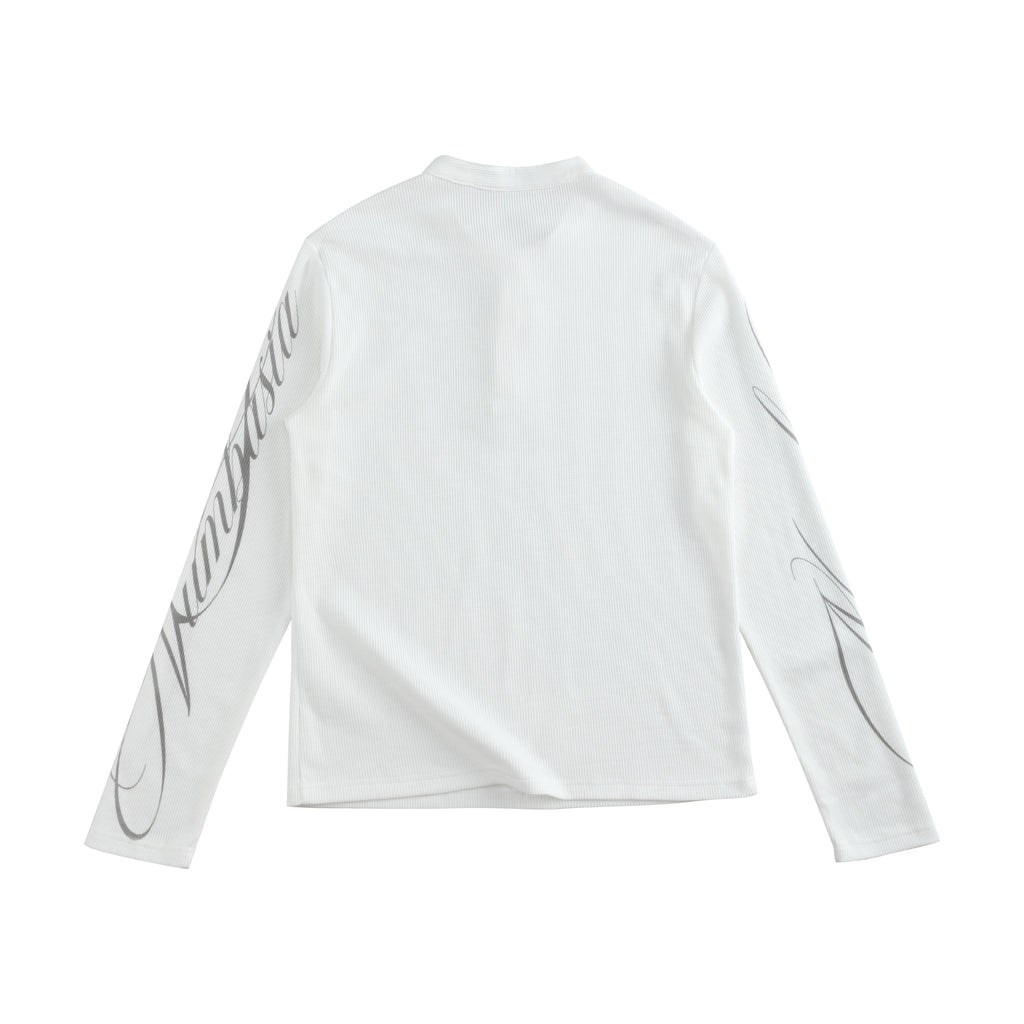 NUMBASIA Waffle Knit Henley Long Sleeve T-Shirt — White back