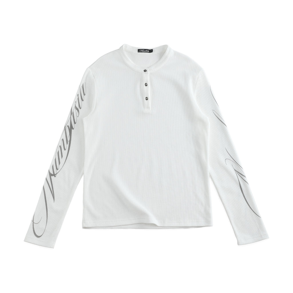 NUMBASIA Waffle Knit Henley Long Sleeve T-Shirt — White front