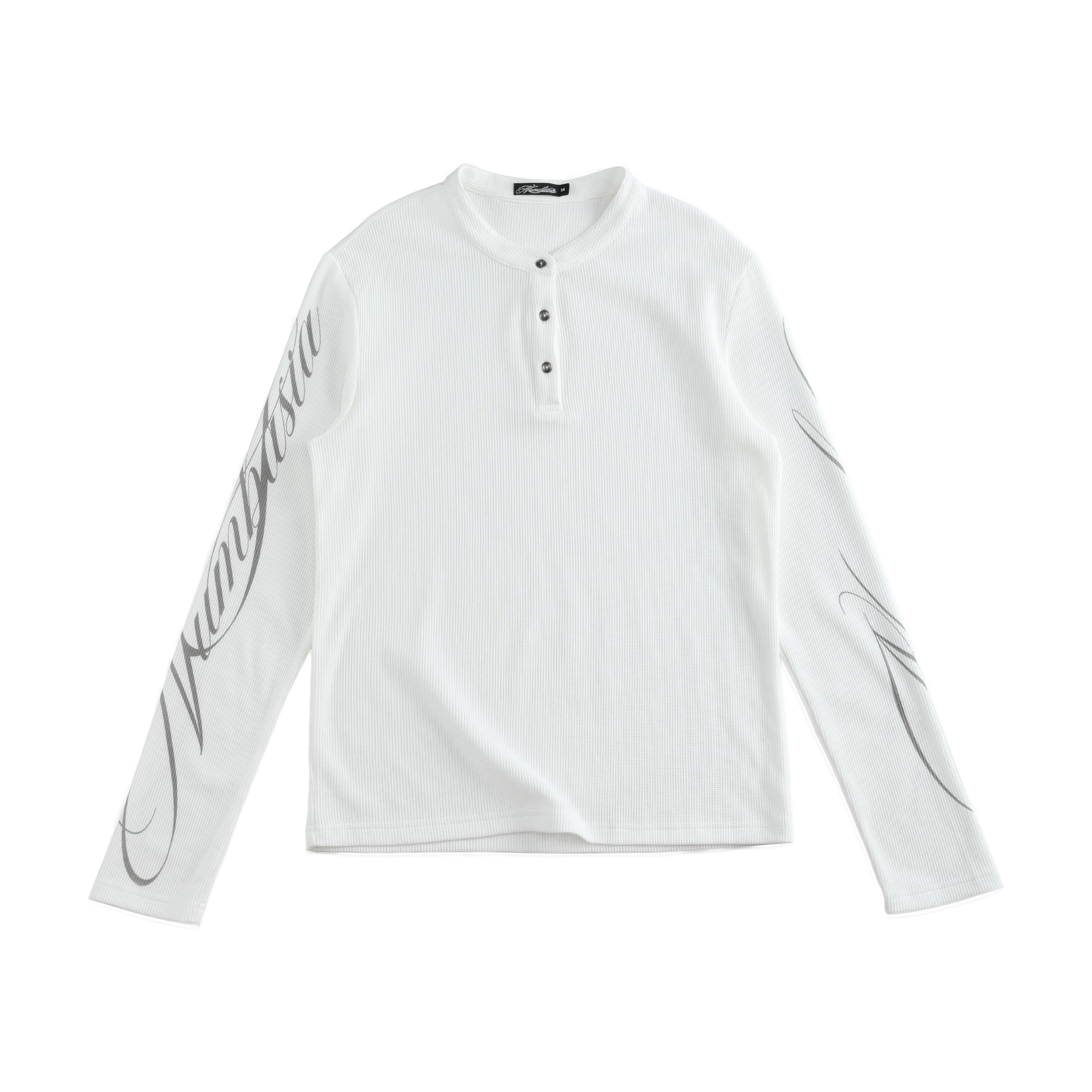 NUMBASIA Waffle Knit Henley Long Sleeve T-Shirt — White front