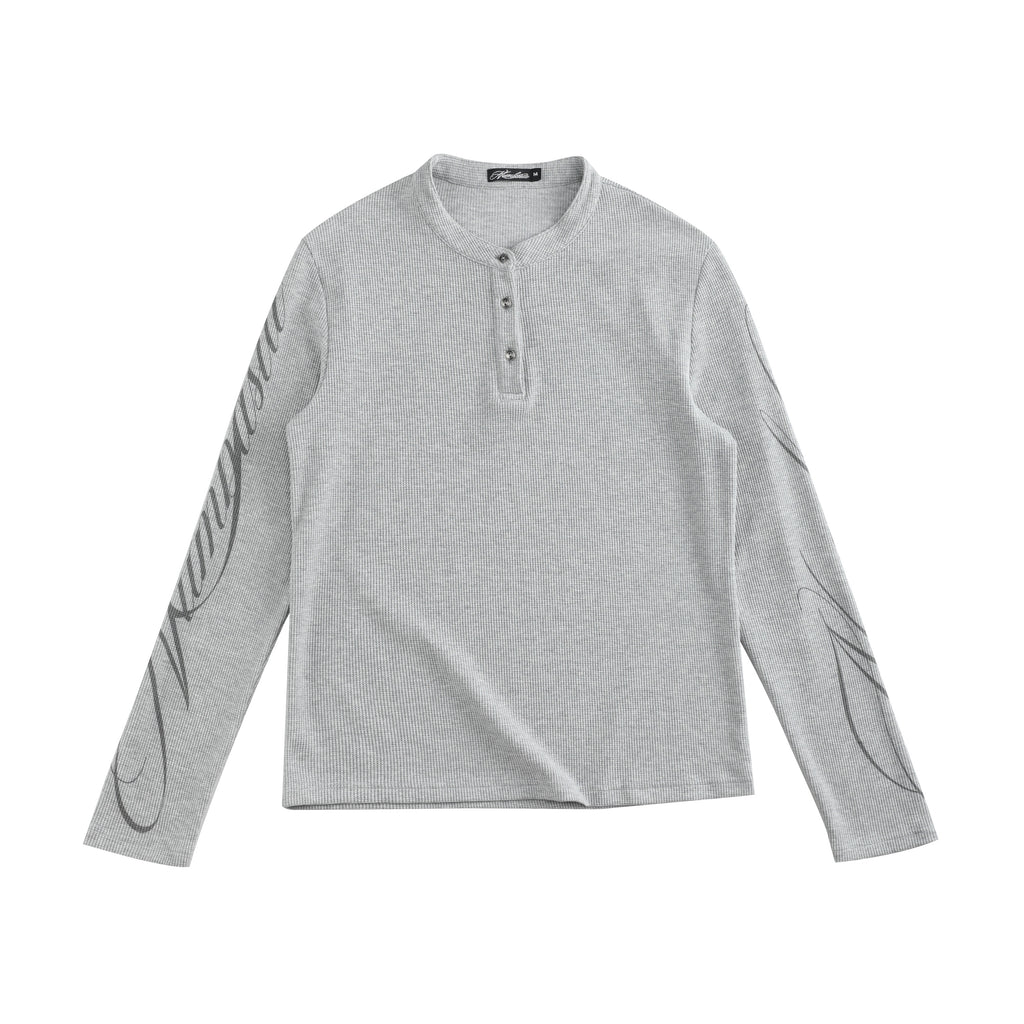 NUMBASIA Waffle Knit Henley Long Sleeve T-Shirt — Heather Gray front