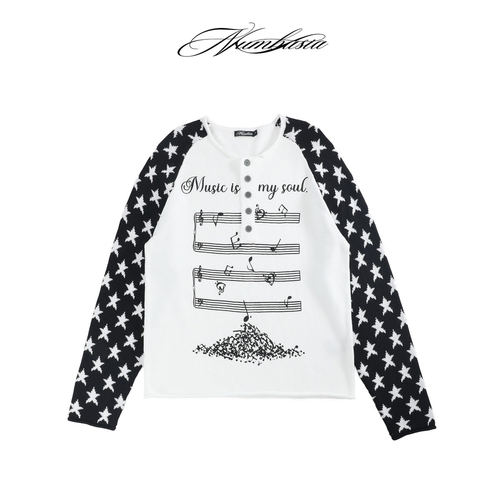 NUMBASIA Music Note Star Raglan Knit Henley — NA6174