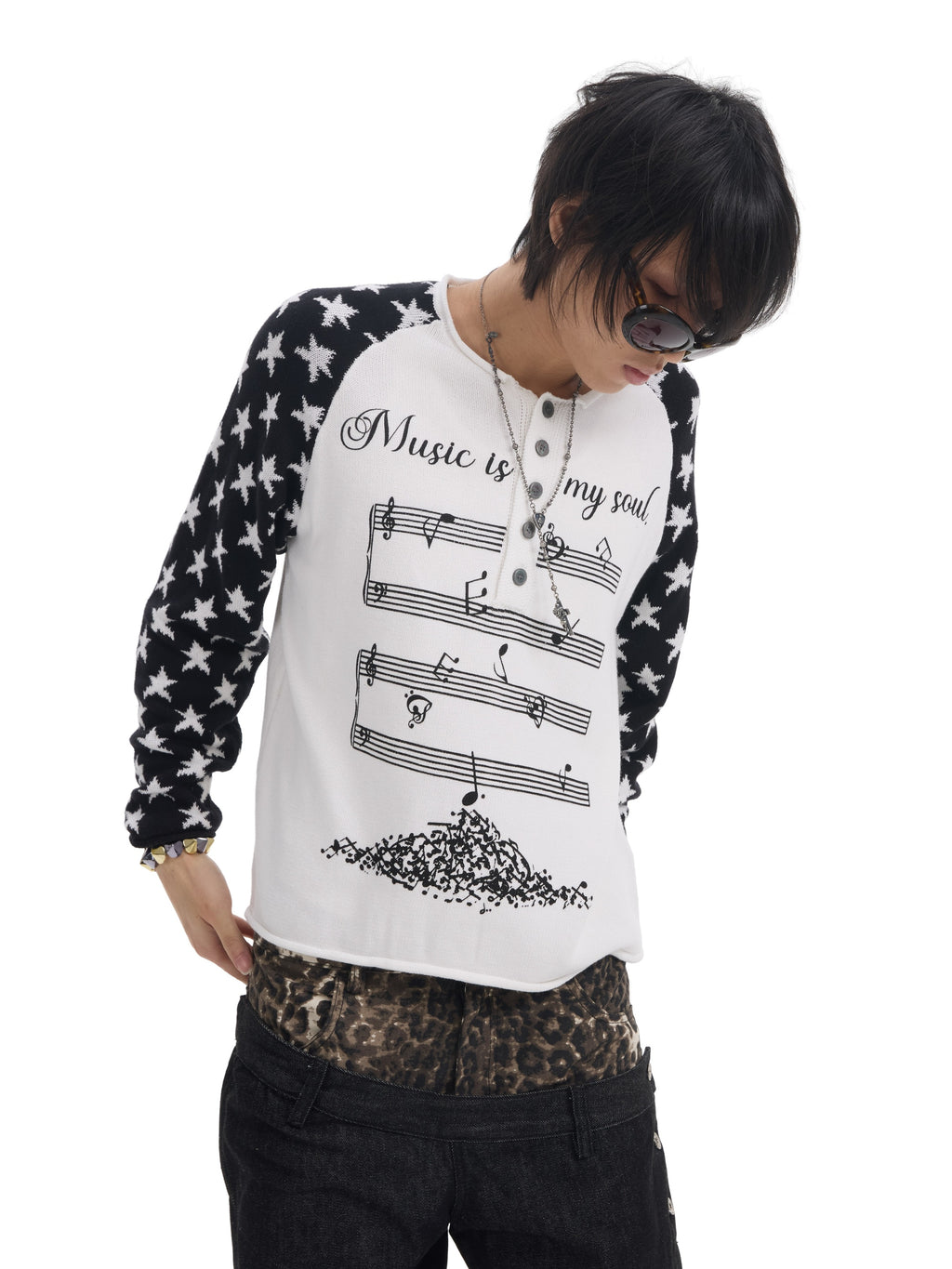 NUMBASIA Music Note Star Raglan Knit Henley — NA6174