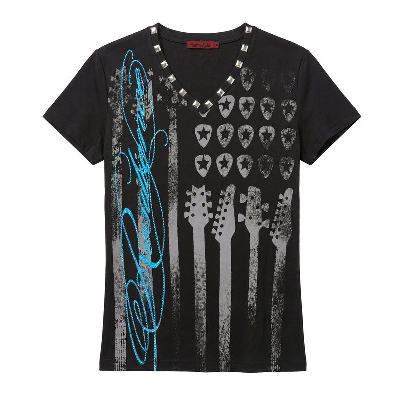 NUMBASIA Guitar Pick Flag Graphic Rhinestone V-Neck T-Shirt — NA6229