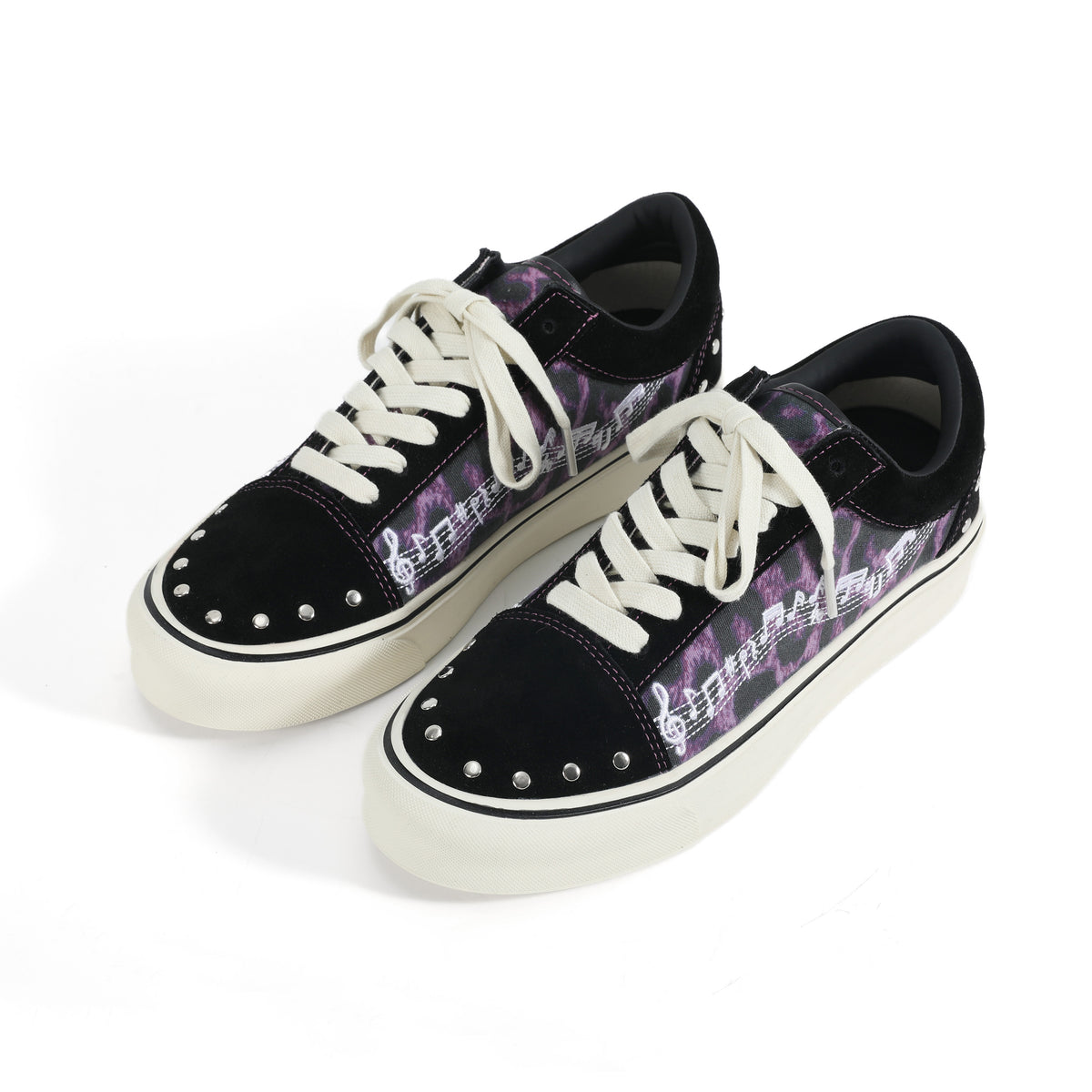 NUMBASIA Leopard Music Note Studded Canvas Sneakers — NA6235