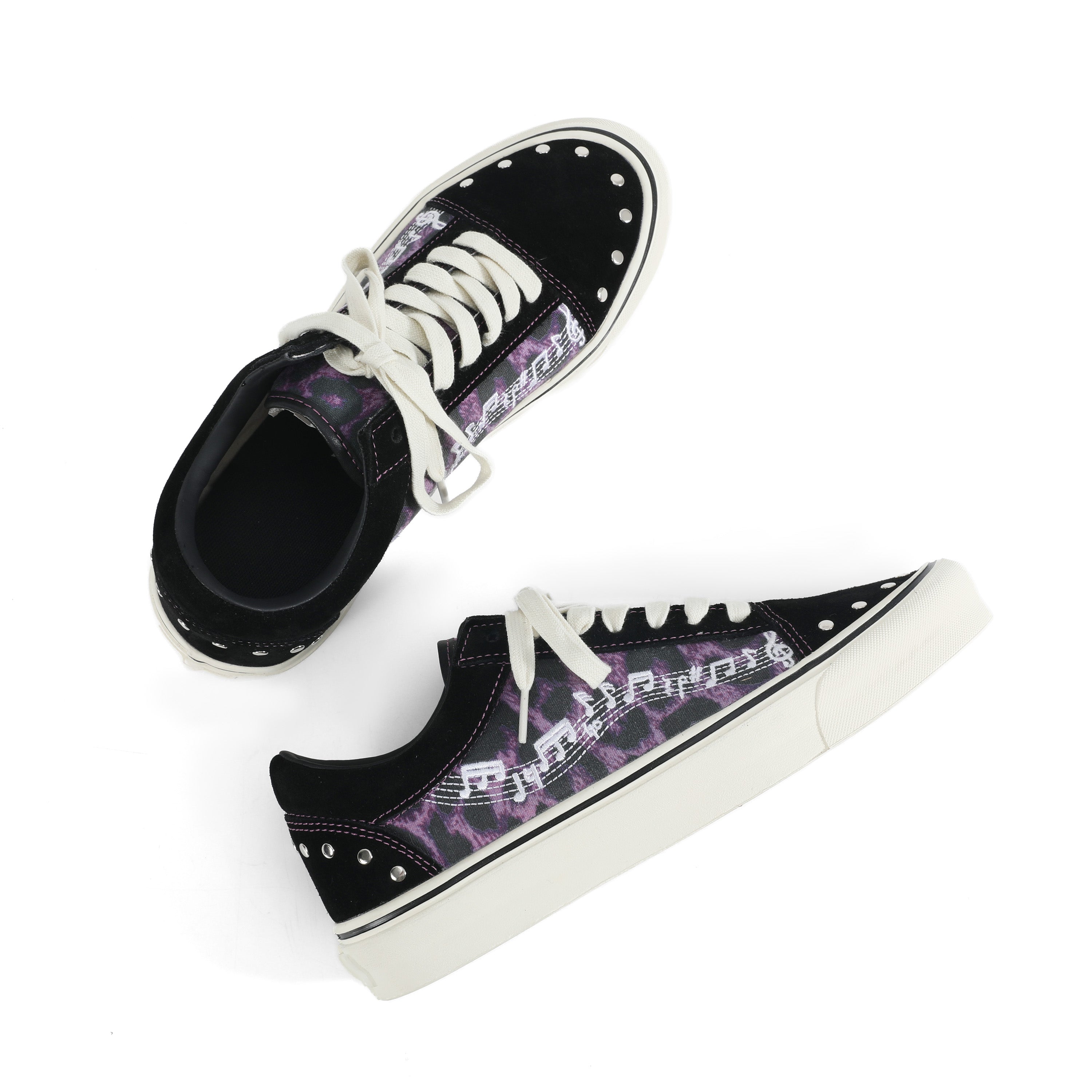 NUMBASIA Leopard Music Note Studded Canvas Sneakers — NA6235