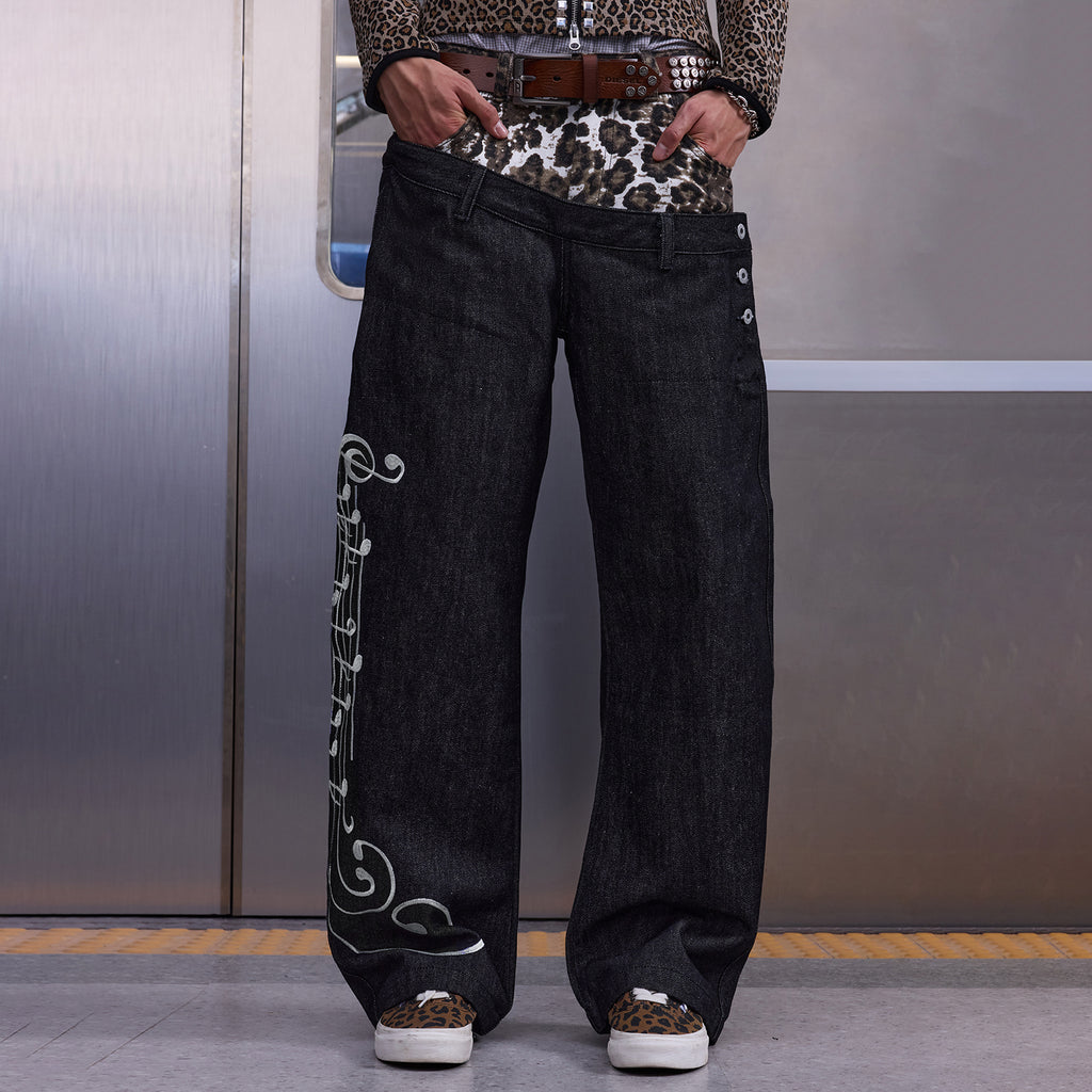 NUMBASIA Leopard Double-Waist Music Note 13oz Baggy Jeans — NA6238
