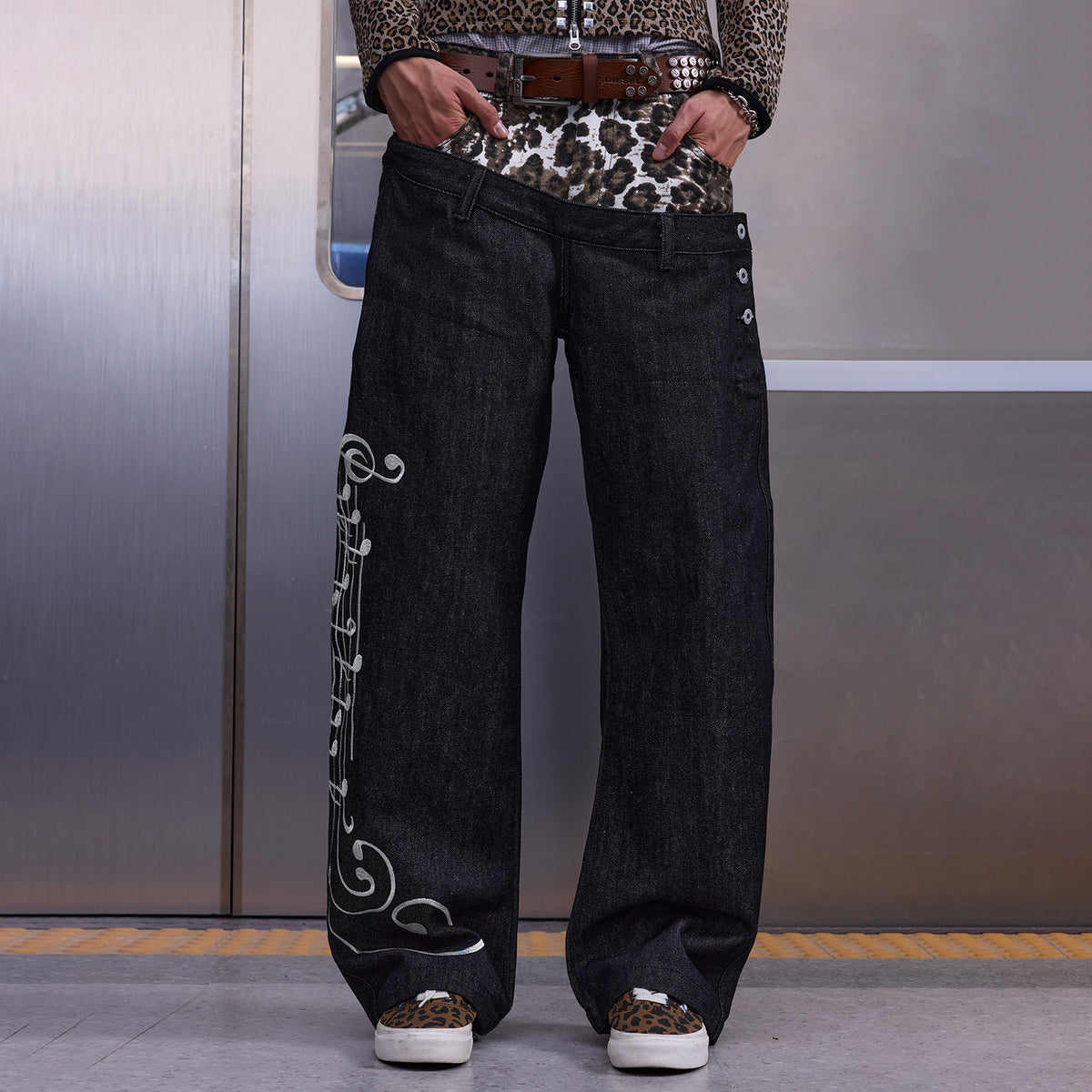 NUMBASIA Leopard Double-Waist Music Note 13oz Baggy Jeans — NA6238
