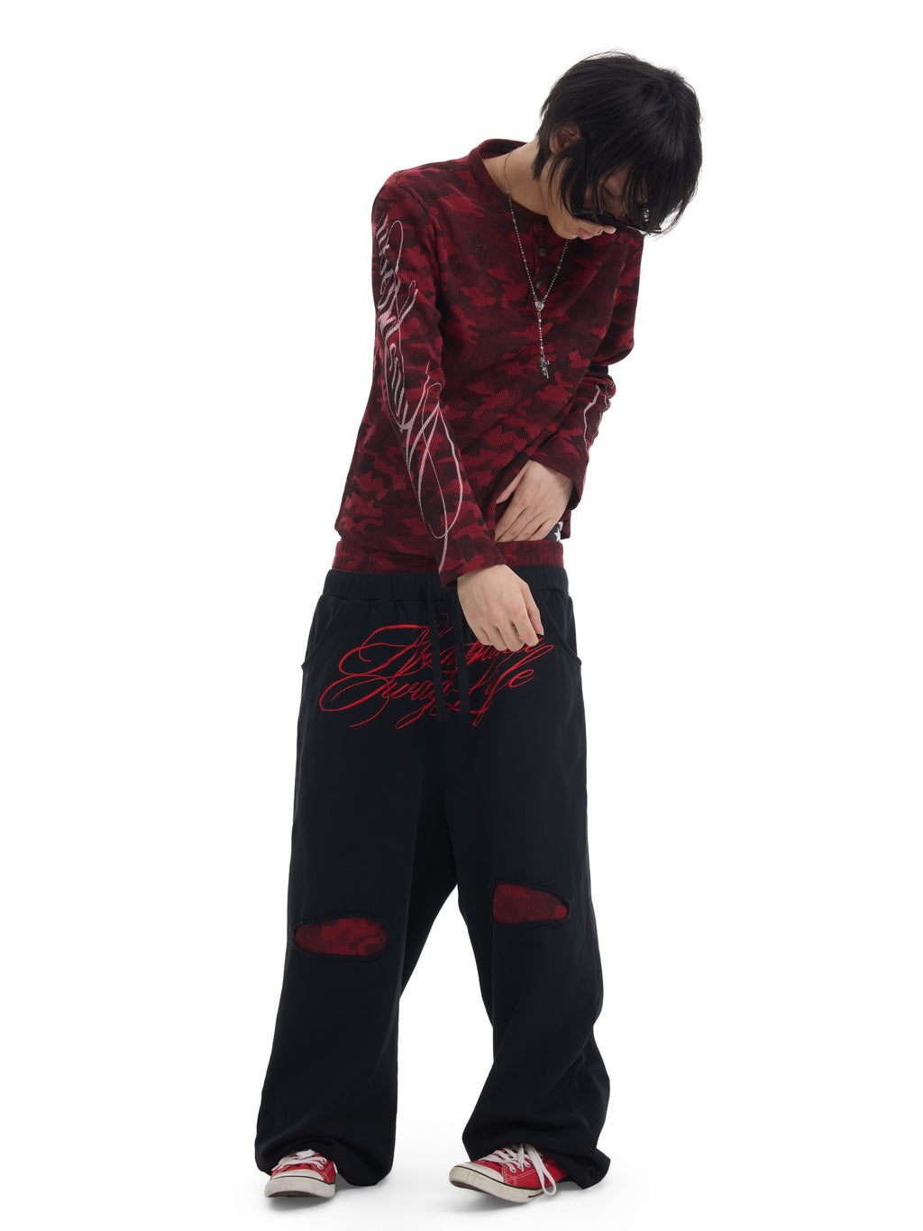 NUMBASIA Red Camo Double-Waist Embroidered Baggy Joggers — NA6300