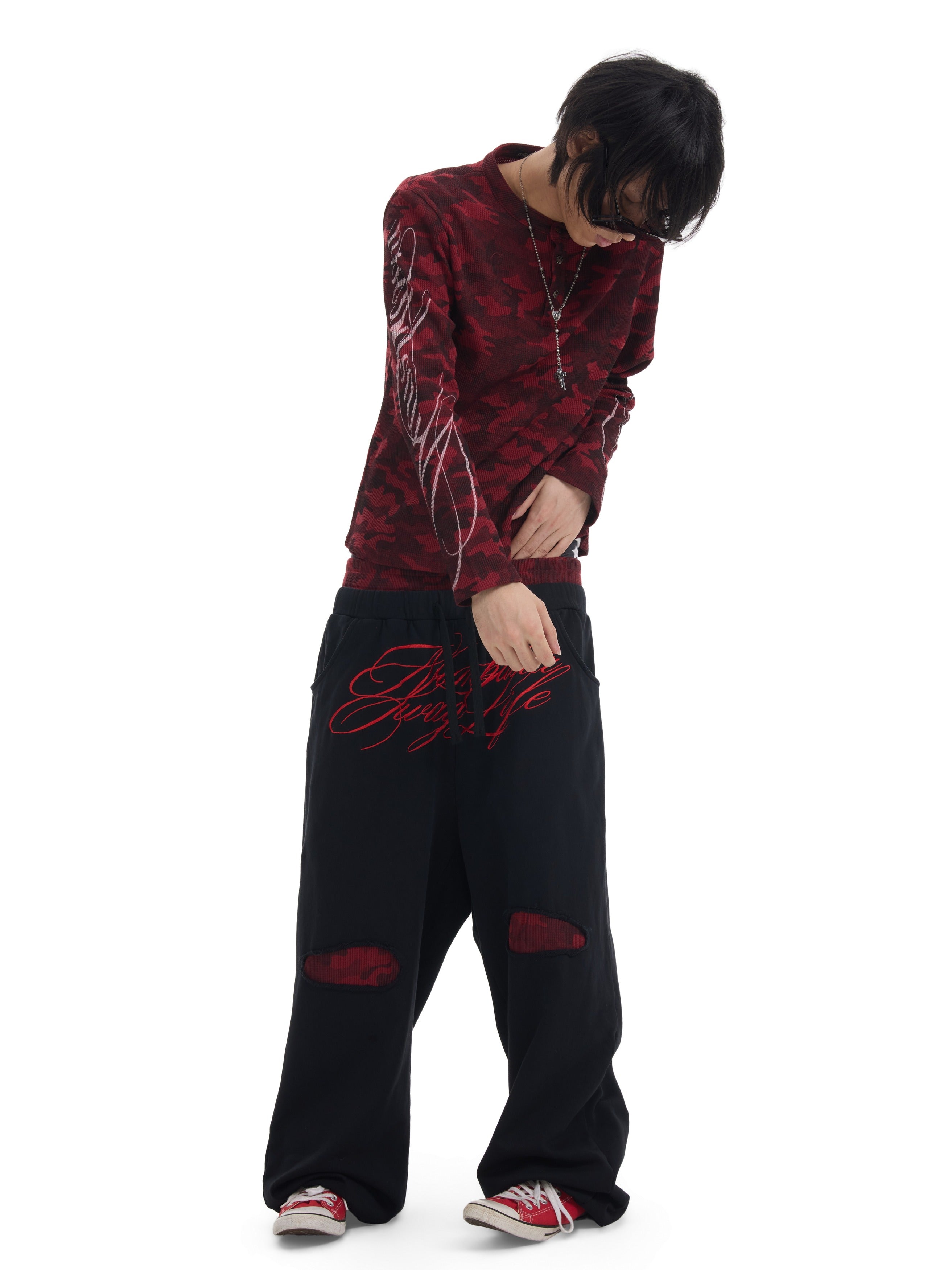 NUMBASIA Red Camo Double-Waist Embroidered Baggy Joggers — NA6300