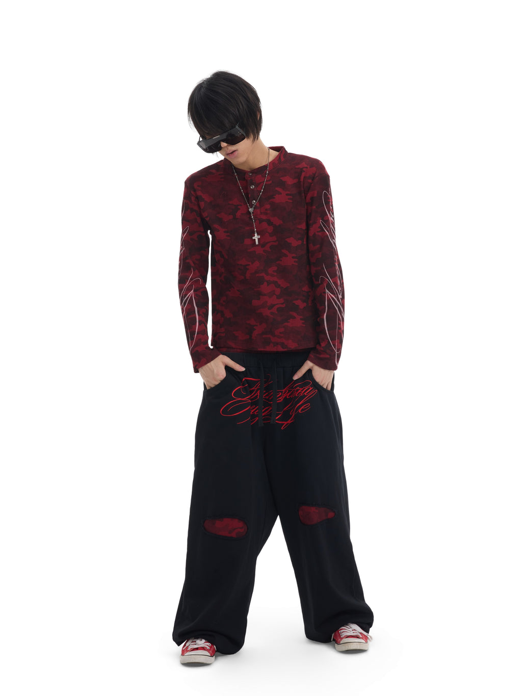 NUMBASIA Red Camo Double-Waist Embroidered Baggy Joggers — NA6300