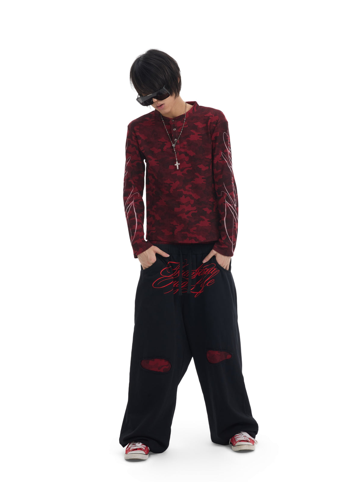 NUMBASIA Red Camo Double-Waist Embroidered Baggy Joggers — NA6300